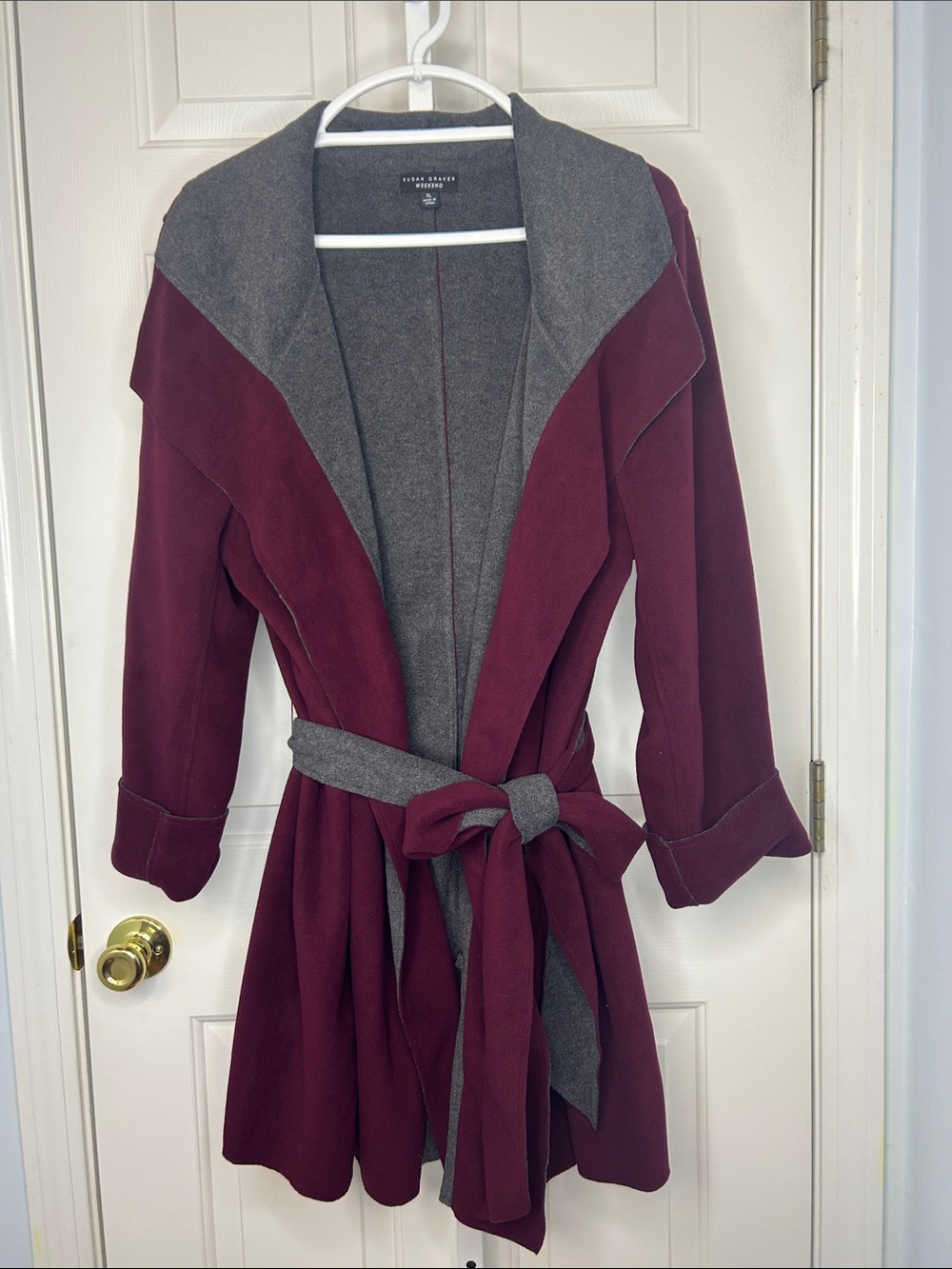 Susan Graver Burgundy & Gray fleece Wrap Coat